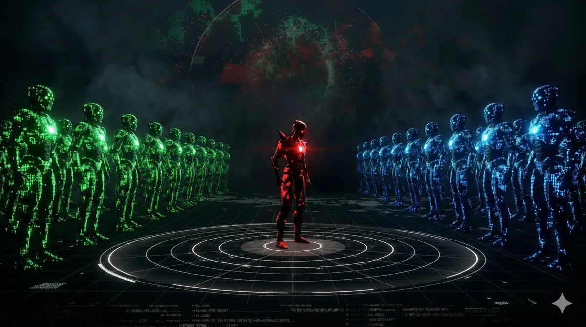 Green and blue factions facing off with defector between