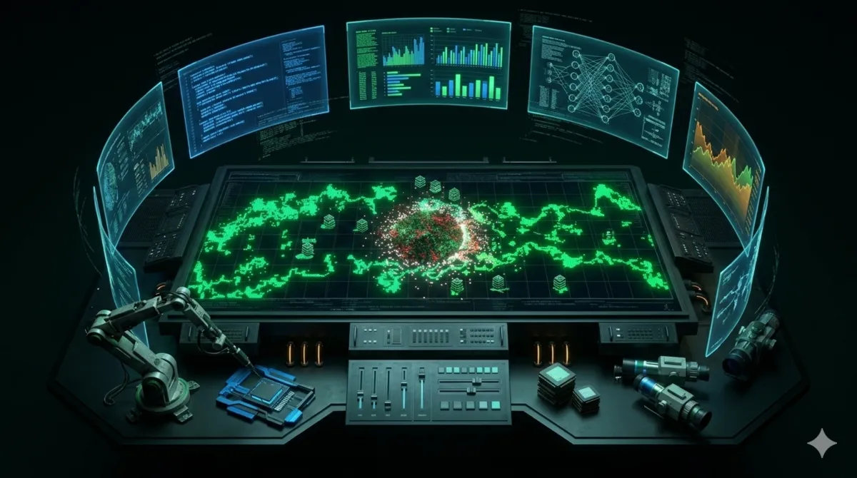 Builder's workshop with holographic battlefield map and floating data screens