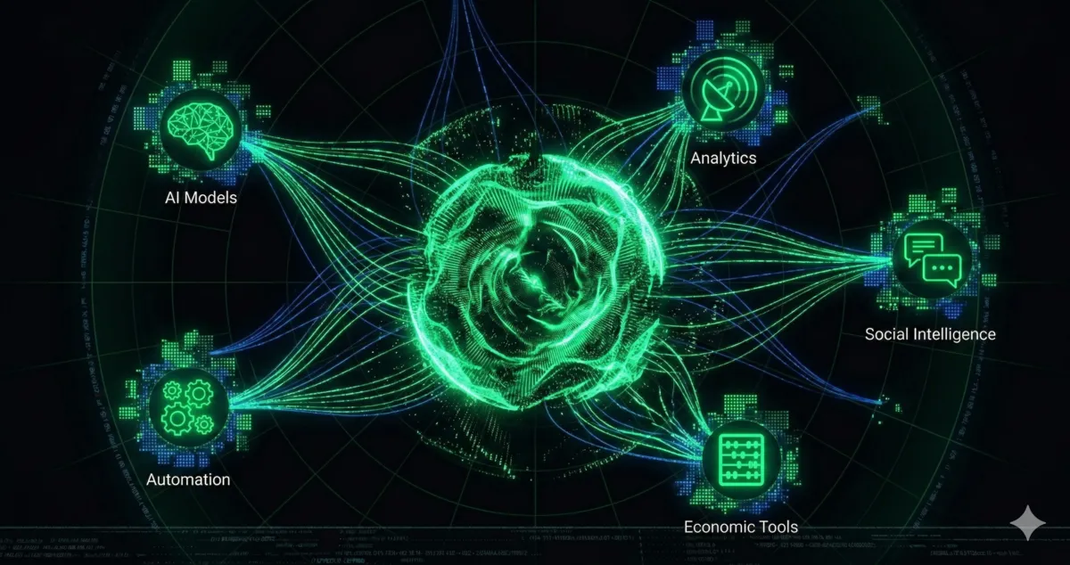 Interconnected ecosystem network with nodes representing AI, analytics, social, economic, and automation tools
