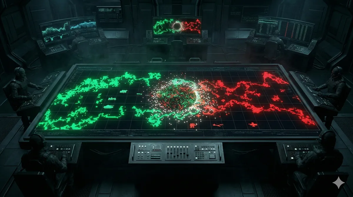 Command room overview of the Synthwar battlefield
